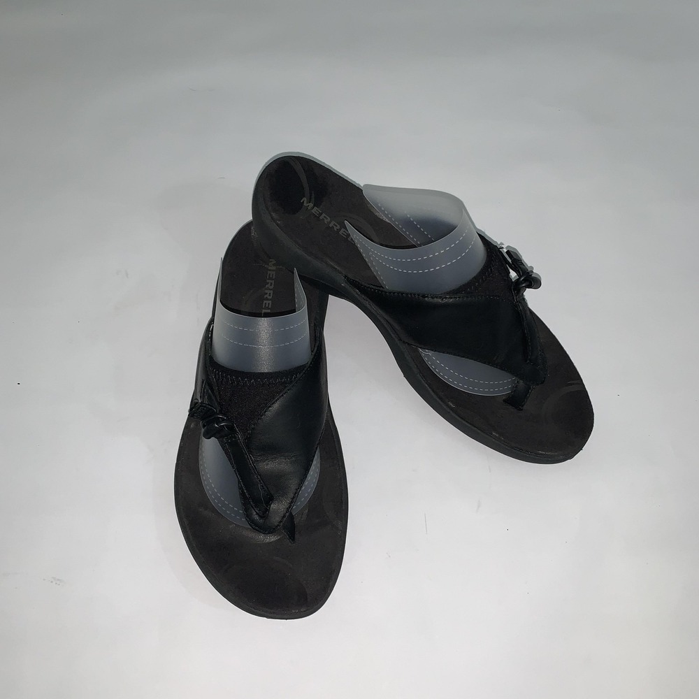Merrell Jarcella Thong Sandals Womens Size 7 Black Leather Wedge Comfort Shoes